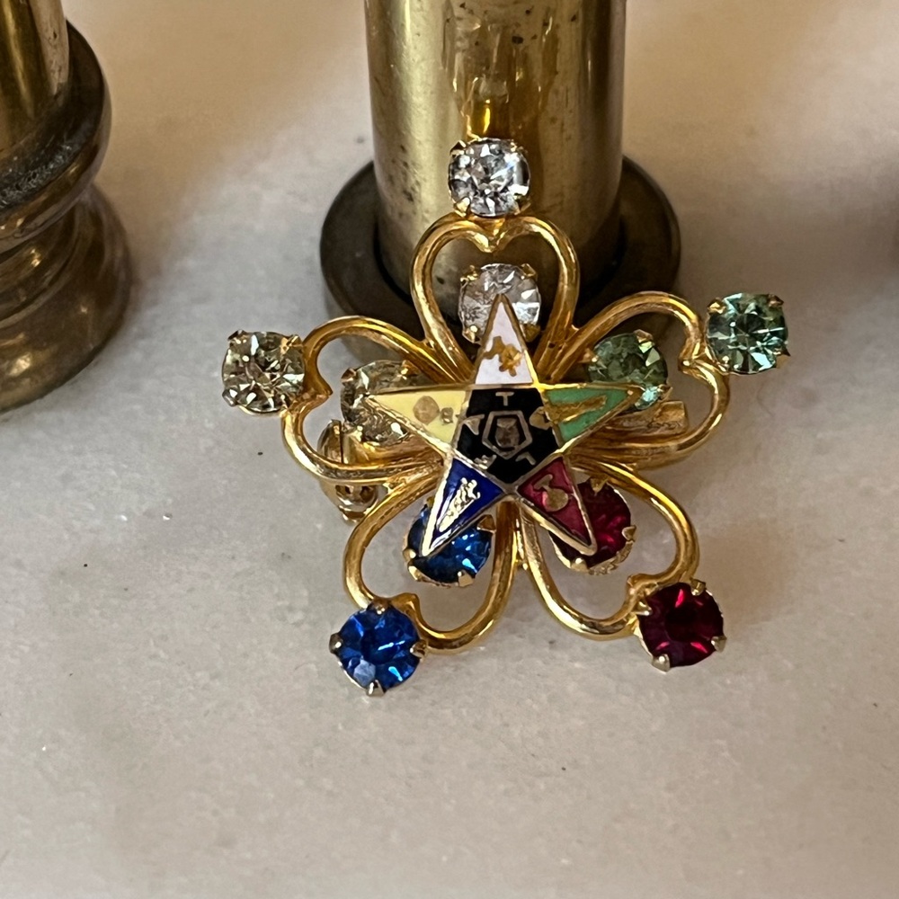 10k Gold Vintage Masonic Eastern Star Brooch Pin Pendent Rhinestones Rivet Set